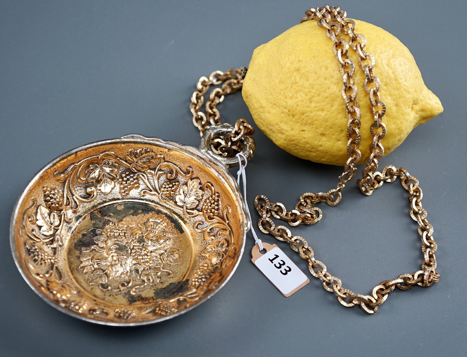Sommelier Tastevin Wine Tasting Vermeil Silver Plated Cup on Chain: Sommelier Tastevin Wine Tasting Vermeil Silver Plated Cup on Chain Approximately 4 3/8 x 3 7/16 inches without the chain. SHIPPING & PICKUP: For local customers pickup is free from 122 North Santa Cru