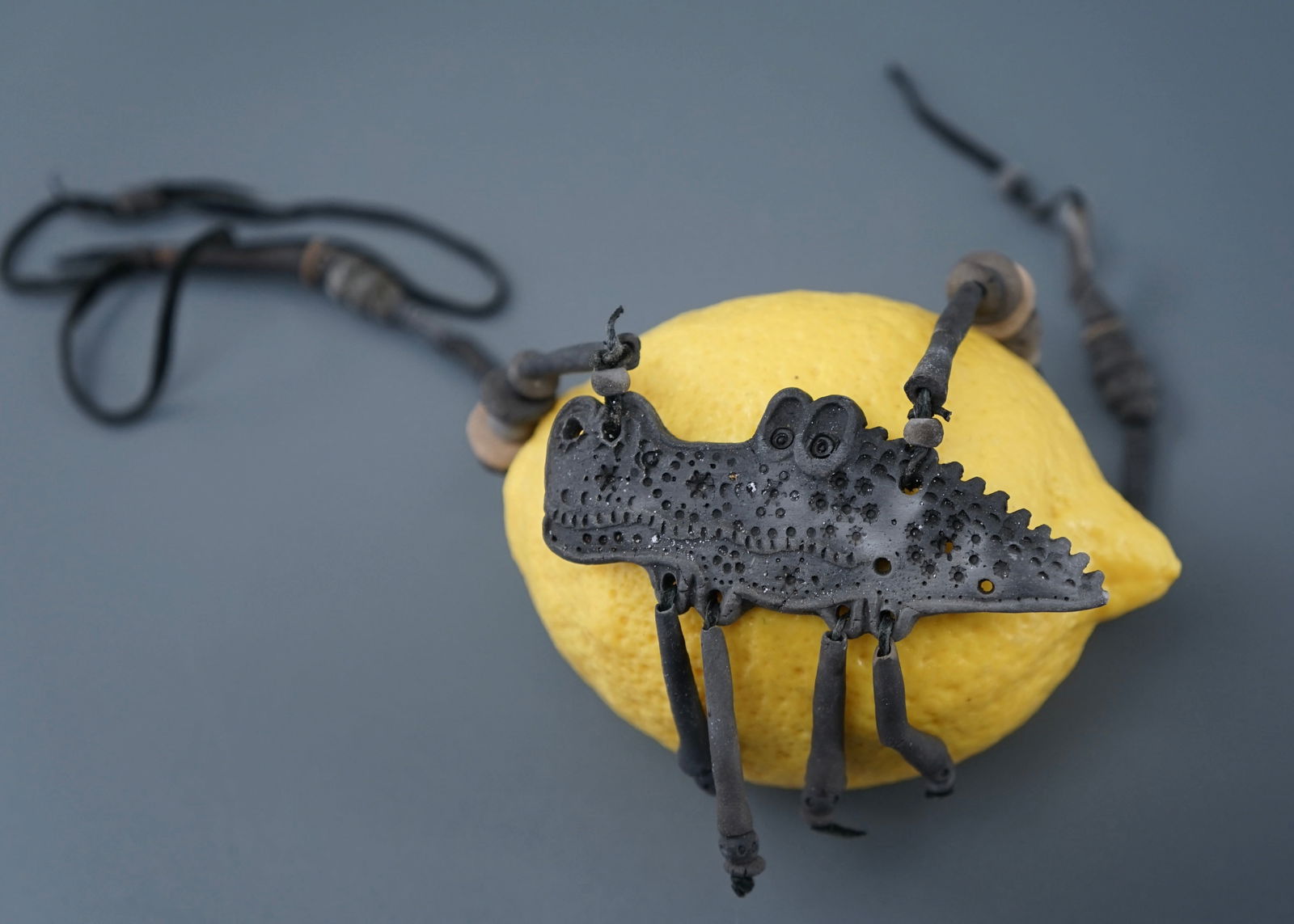 Vintage Modern Crocodile Black Pottery Folk Alligator Pendant Necklace (1 of 5)