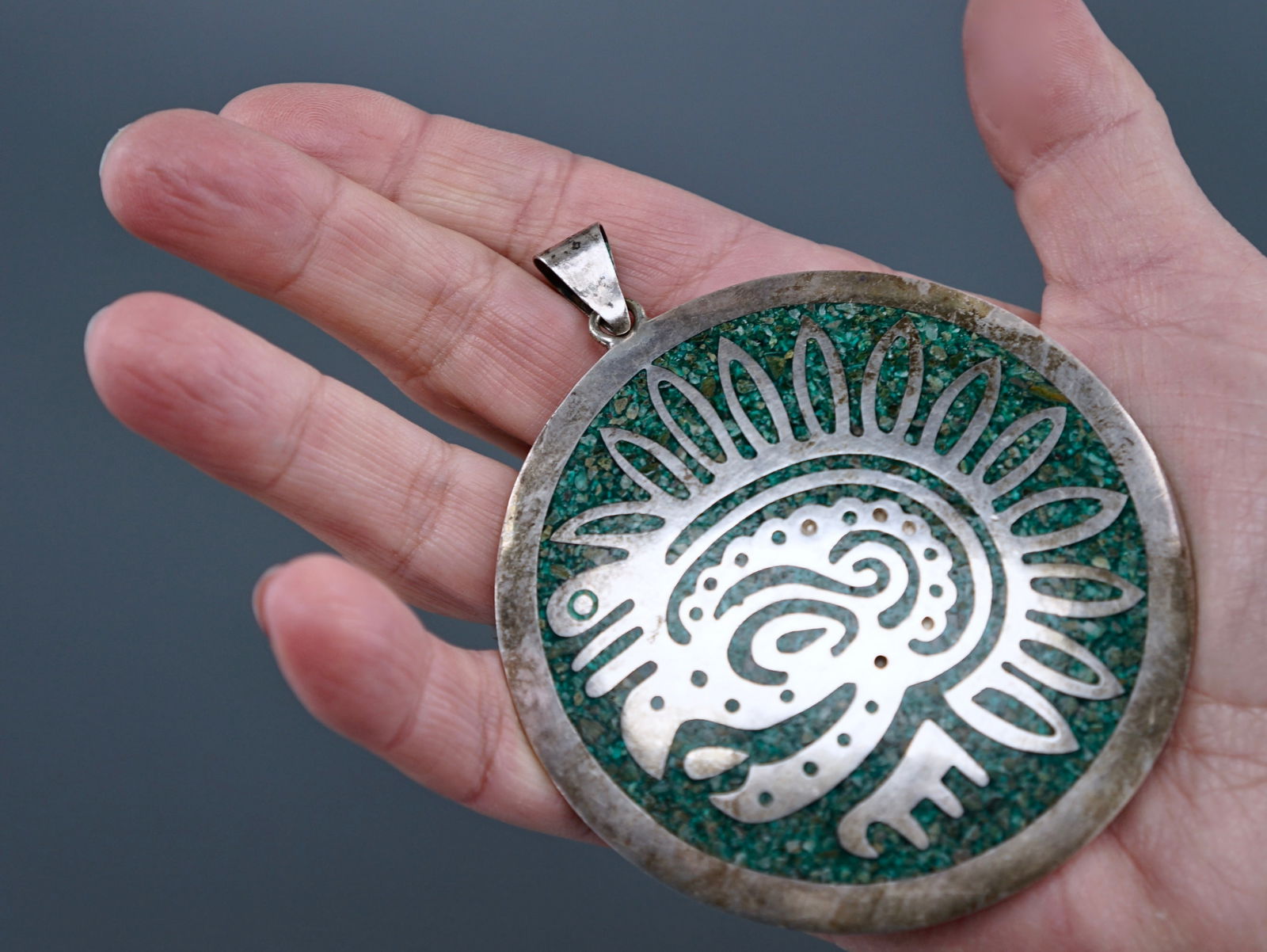 Large Mexican Taxco 925 Sterling Silver Mayan Style Pendant Marked on the Bail (1 of 5)