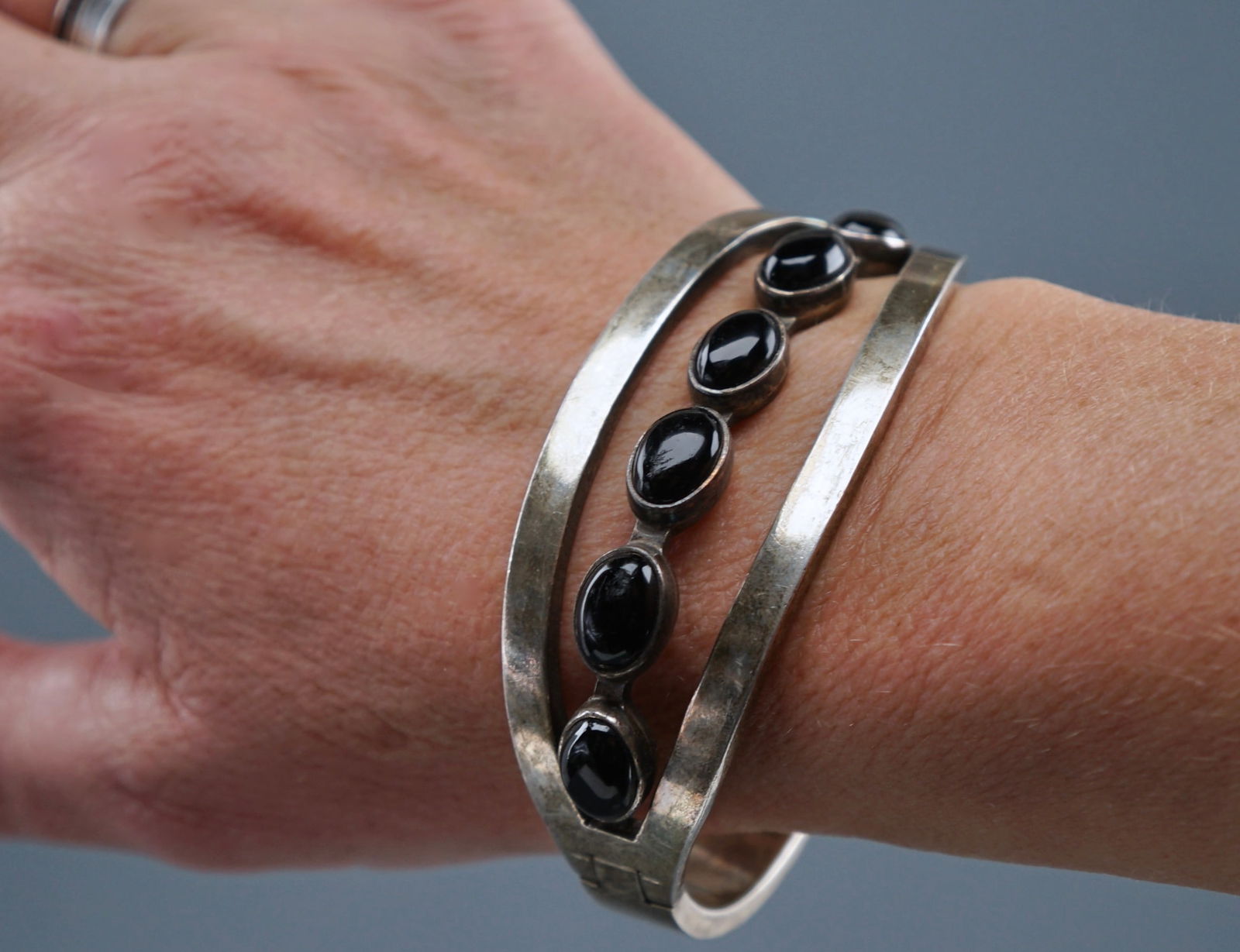 Massive Mexican Sterling Silver Bracelet with Black Stones (1 of 8)
