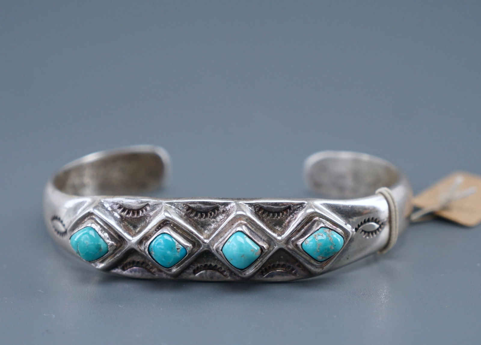 Heavy Signed White Metal Bracelet with Blue Stones (1 of 6)