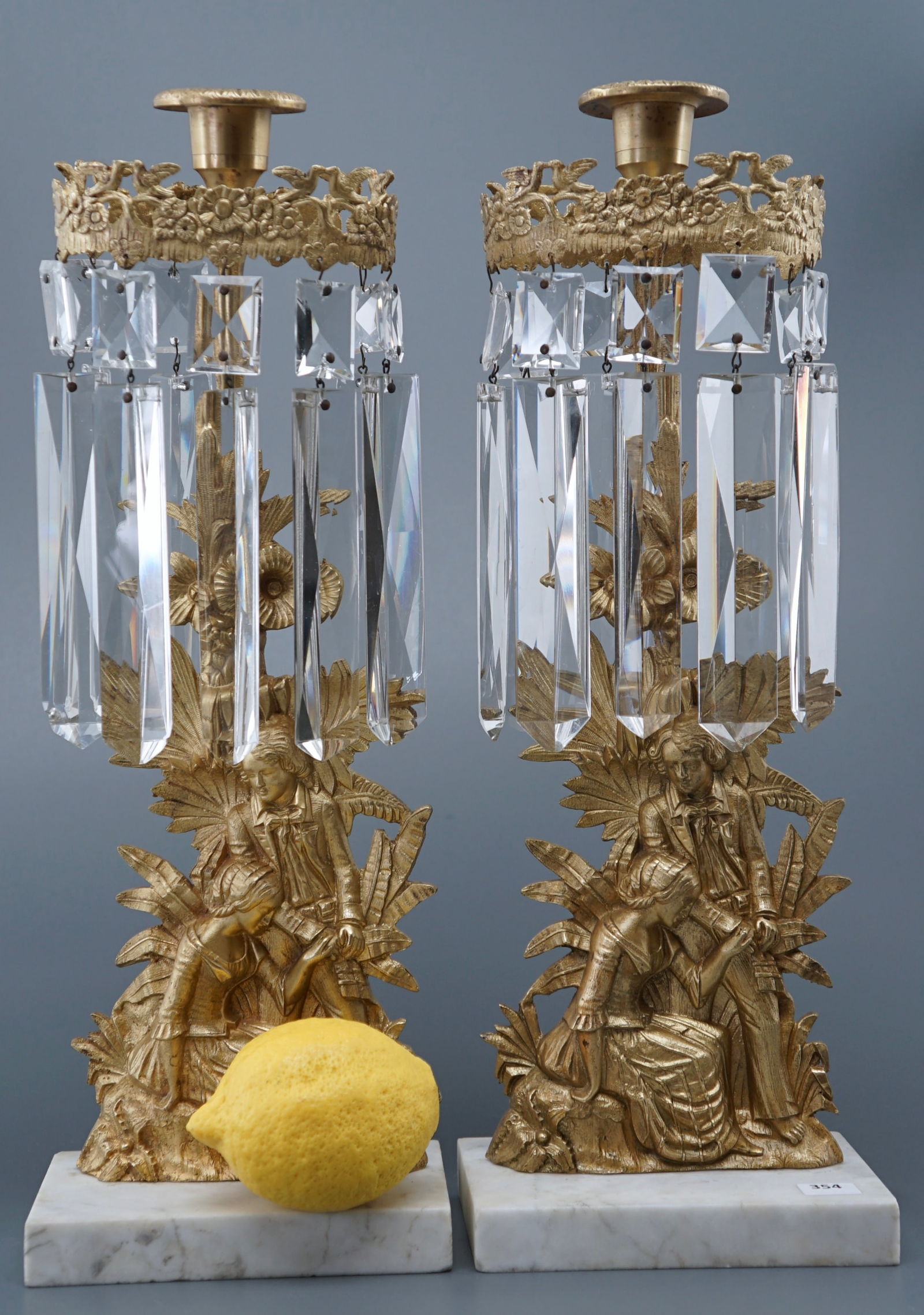 Antique Mantle Lusters Victorian Girandole Flat Back Brass Crystal Drops Candlestick on Marble Base: Antique Mantle Lusters Victorian Girandole Flat Back Brass Crystal Drops Candlestick on Marble Base c 1880 Approximately 15 1/2 inches tall. SHIPPING & PICKUP: For local customers pickup is free from