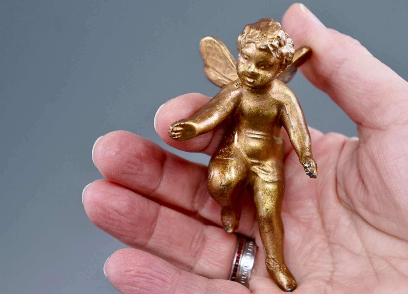 Antique Cast Metal Cherub Small Fairy Figurine Painted Gold (1 of 7)
