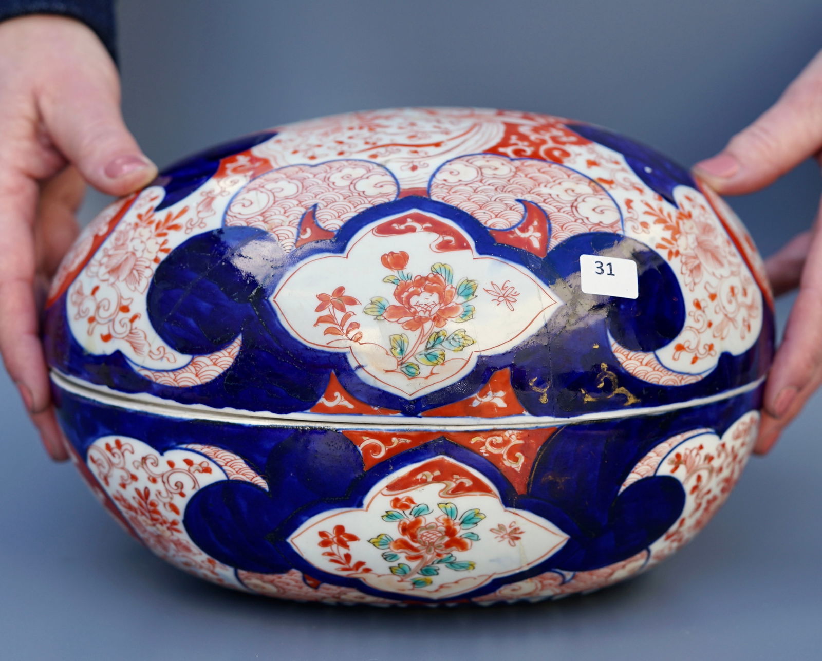 Large Antique Egg Shaped Imari Porcelain Box Retailed by Charlotte Horstmann & Gerald Godfrey LTD (1 of 7)
