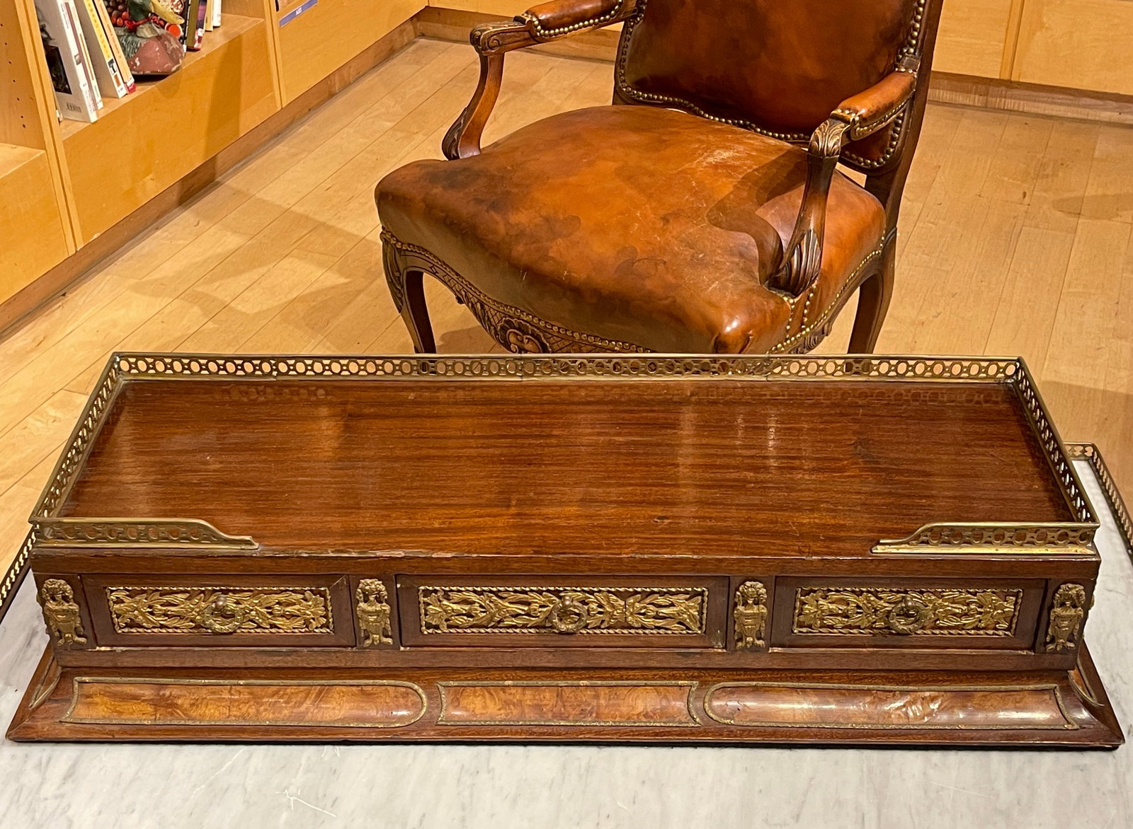 Desktop Bureau Secretary Desk Stationery Tidy Letter Rack Organizer Chest with Three Drawers Gallery: Desktop Bureau Secretary Desk Stationery Tidy Letter Rack Organizer Chest with Three Drawers Gallery Top and Brass Mounts Approximately 35 1/2 inches x 12 x 7 7/8 inches tall without the gallery. Loca