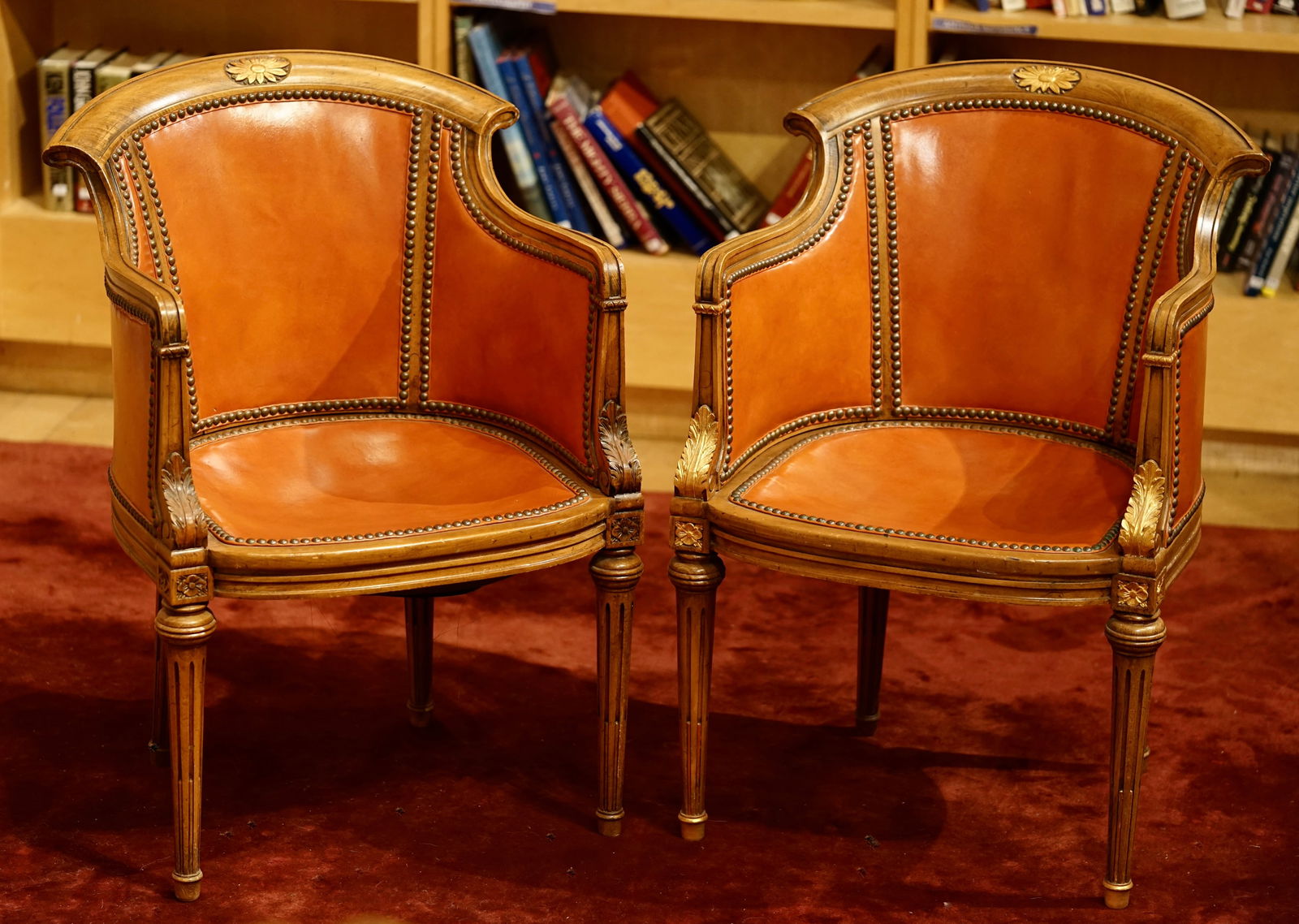 Hollywood Regency Orange Leather Upholstered Chair Parcel Gilded Carved Wood Brass Nail Tackle (1 of 10)