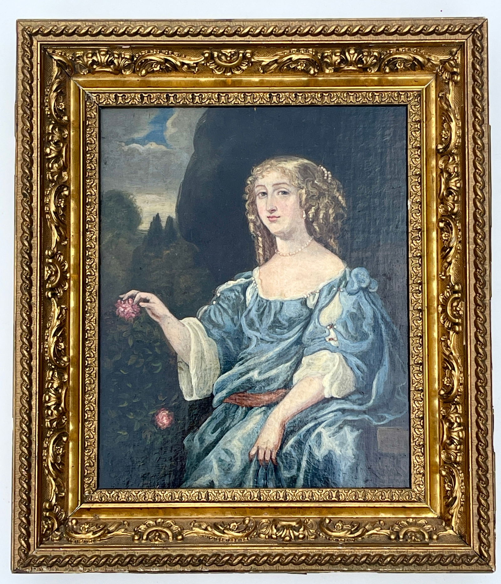 After Sir Peter Lely Dutch 1618 - 1680 Windsor Beauty Antique Noble Woman Portrait Painting on Board: After Sir Peter Lely Dutch 1618 - 1680 Windsor Beauty Antique Noble Woman Portrait Painting on Board Framed into the Deep Ornate Gold Wood and Gesso Frame c Late 19th Century Sight approximately 12 1/
