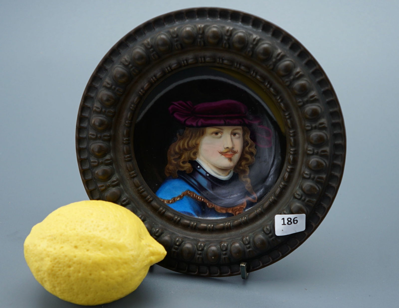 Italian Concave Porcelain Portrait Plaque of a Medieval Gentleman Mounted Into an Embossed Brass (1 of 5)