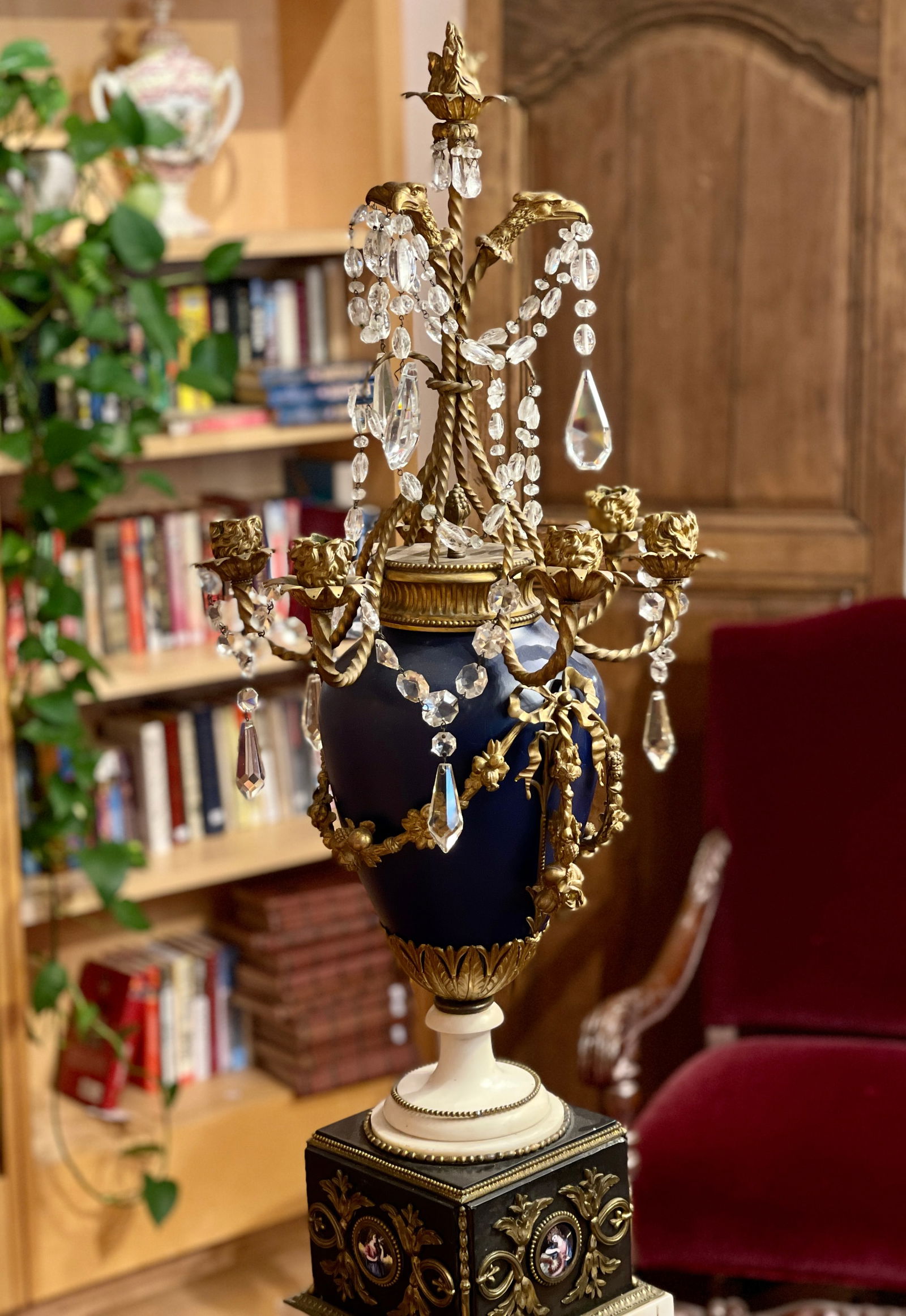 Large Russian Baltic Girandole Impressive Bronze Crystal Candelabra on Marble Base with Hand Painted (1 of 12)