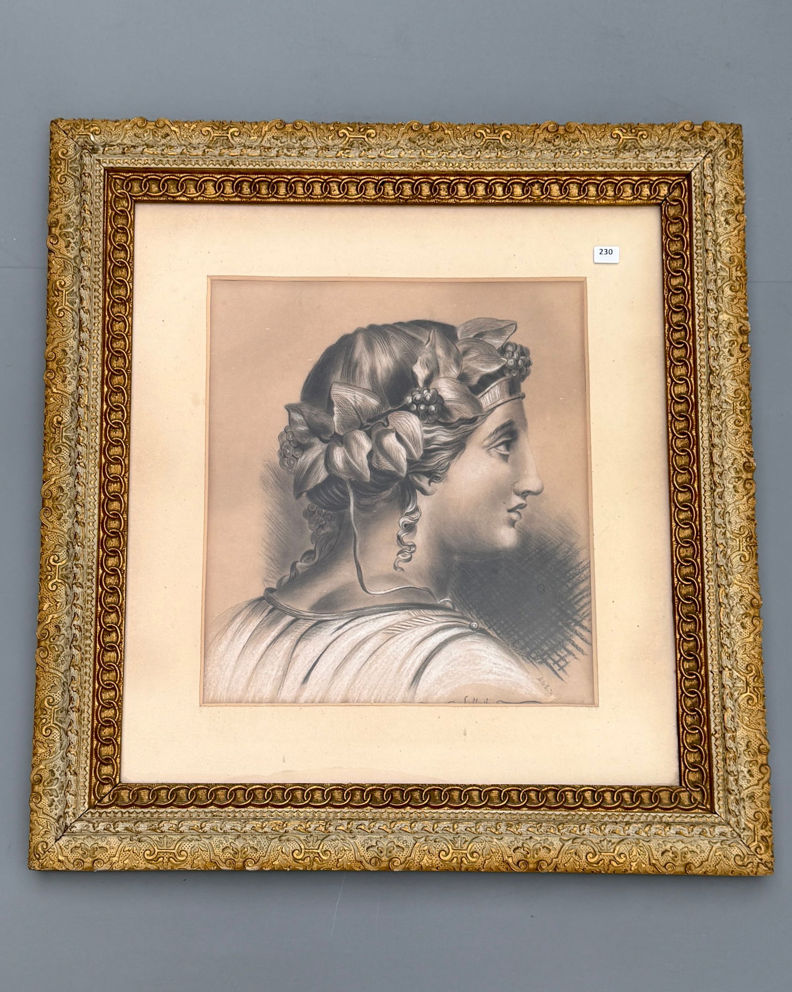 Neoclassical Greco Roman Head European Charcoal on Paper Artist Signed Portrait Drawing in Original (1 of 8)