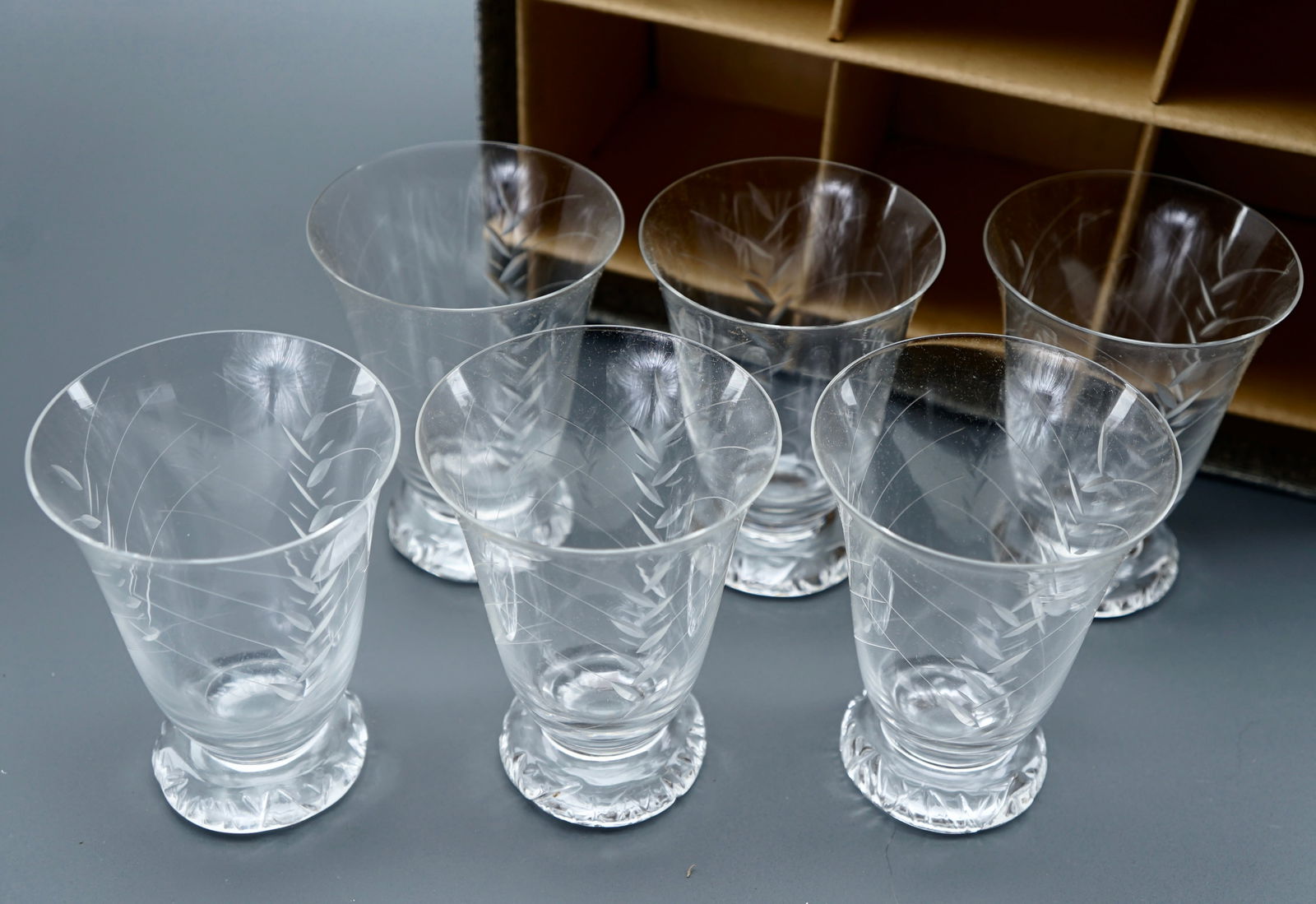 French Daum Crystal Mid Century Modern Cut Glass Goblet Boxed Set of 6 Signed Glasses (1 of 6)