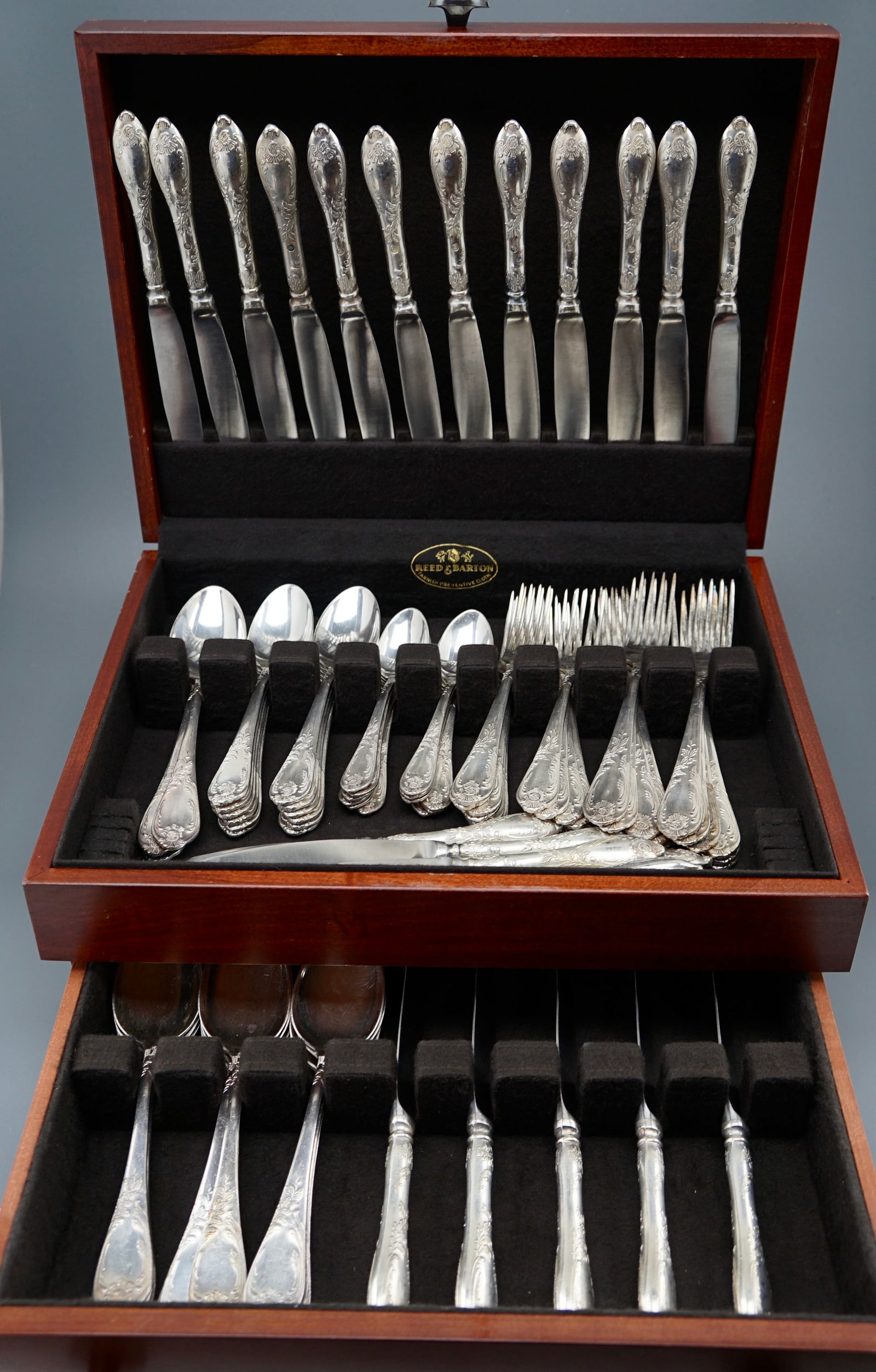 Vintage Russian Rococo Scroll Silverware Soviet Era Flatware Boxed Set for 12 Persons (1 of 10)
