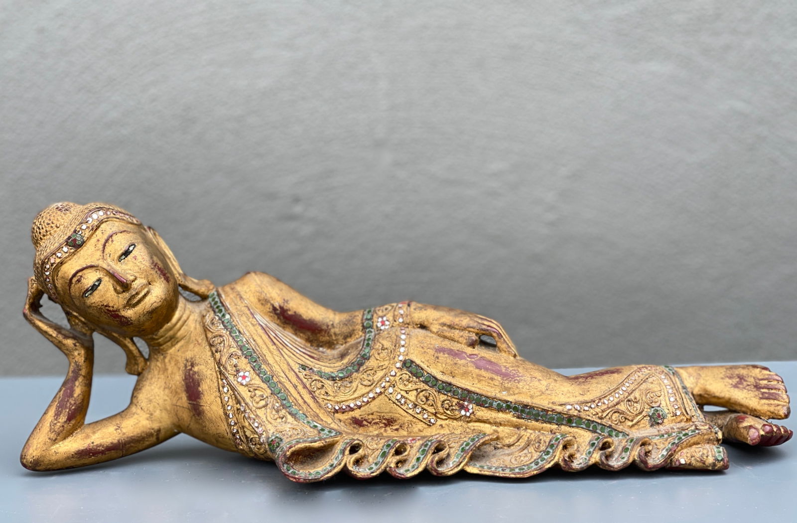 Reclining Buddha Statue Hand Carved Painted Jeweled Wood Sculpture Oriental Decor Vintage Stock (1 of 8)