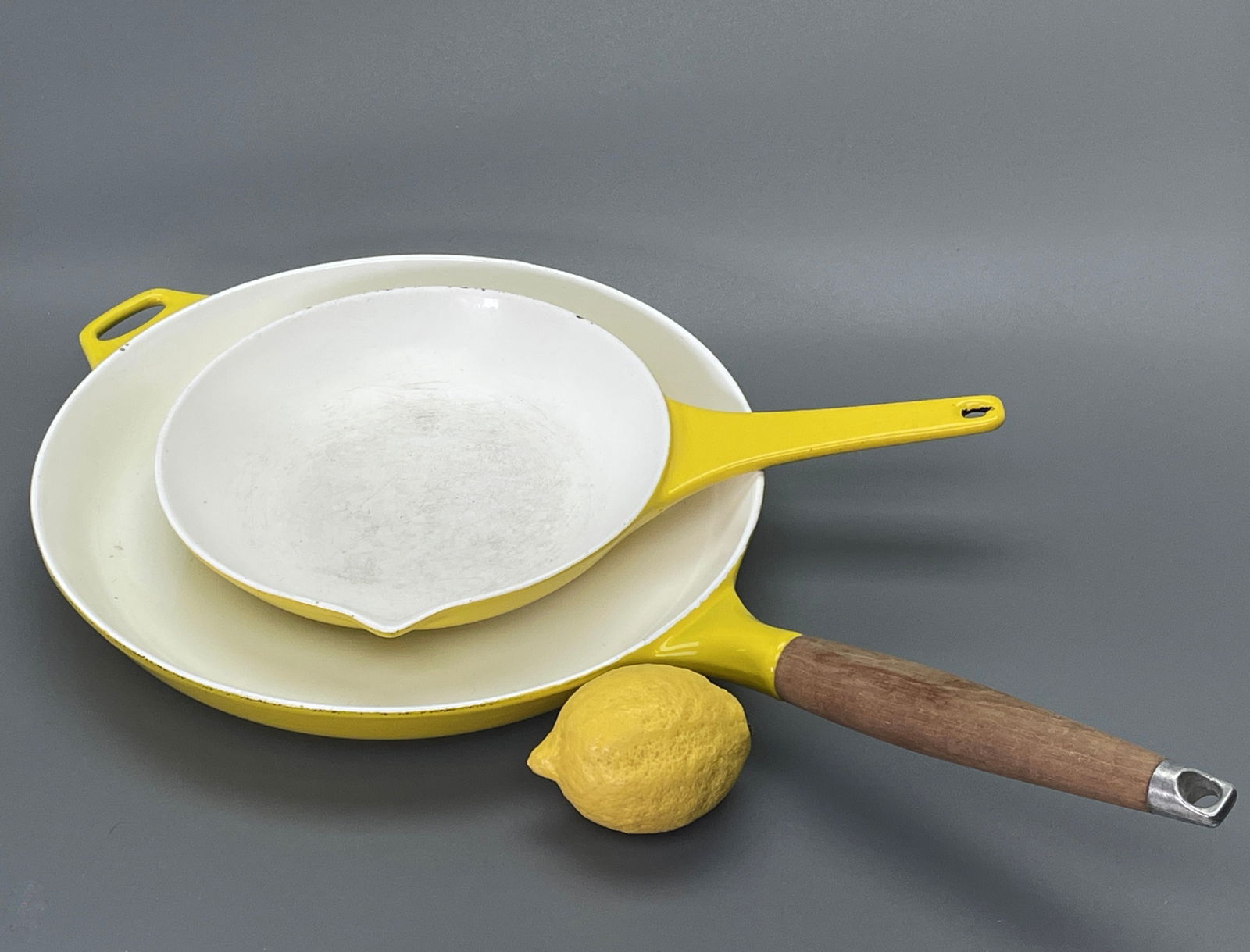 Vintage Mid Century Copco Cast Iron Yellow Enamel Skillet Fry Pan Lot of 2 Items Made in Denmark (1 of 8)