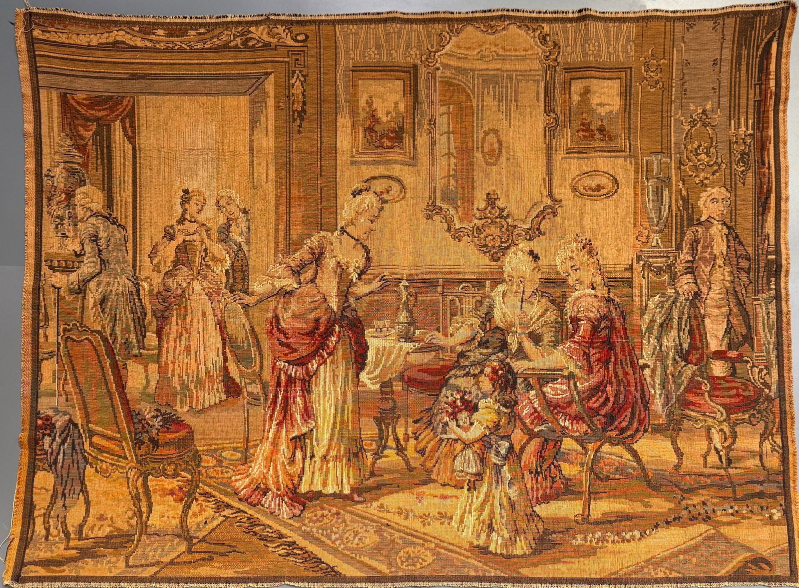 Belgian Tapestry Wall Hanging Salon Galant Scene Marked Belgium (1 of 4)