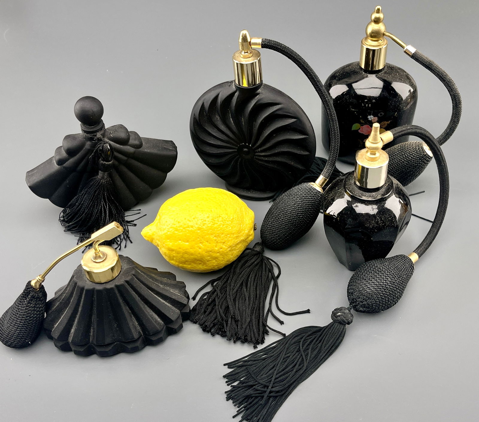 Art Deco Style Black Glass Perfume Bottle Atomizers Vintage Vanity Decor (1 of 4)