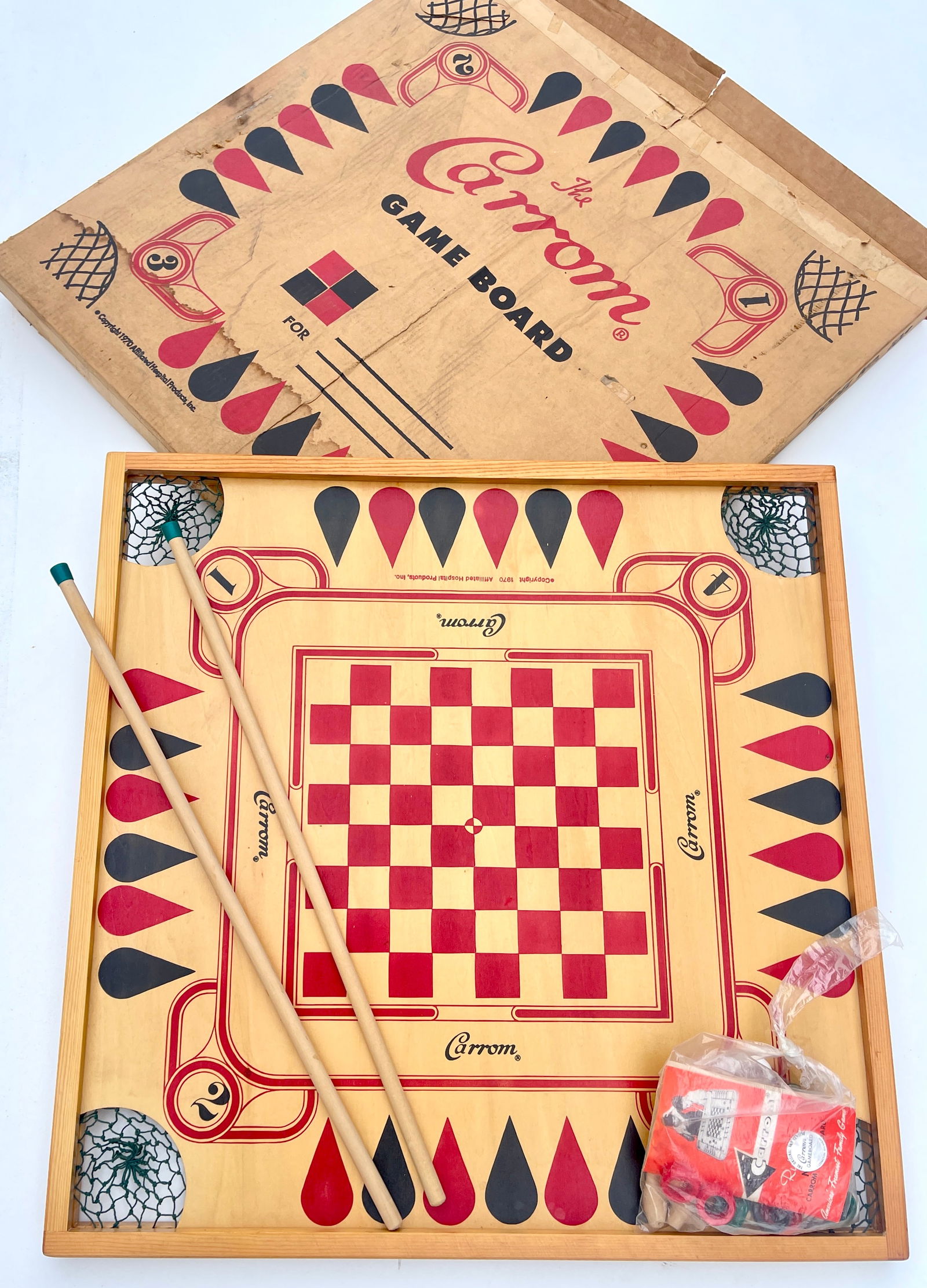 Vintage Wooden Carrom Game Board Set Double Sided Square Checkers Tabletop Game Board in Original (1 of 6)