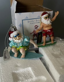 Surfing Santa Claus Ornaments Lot of 2 Christmas Tree Ornaments