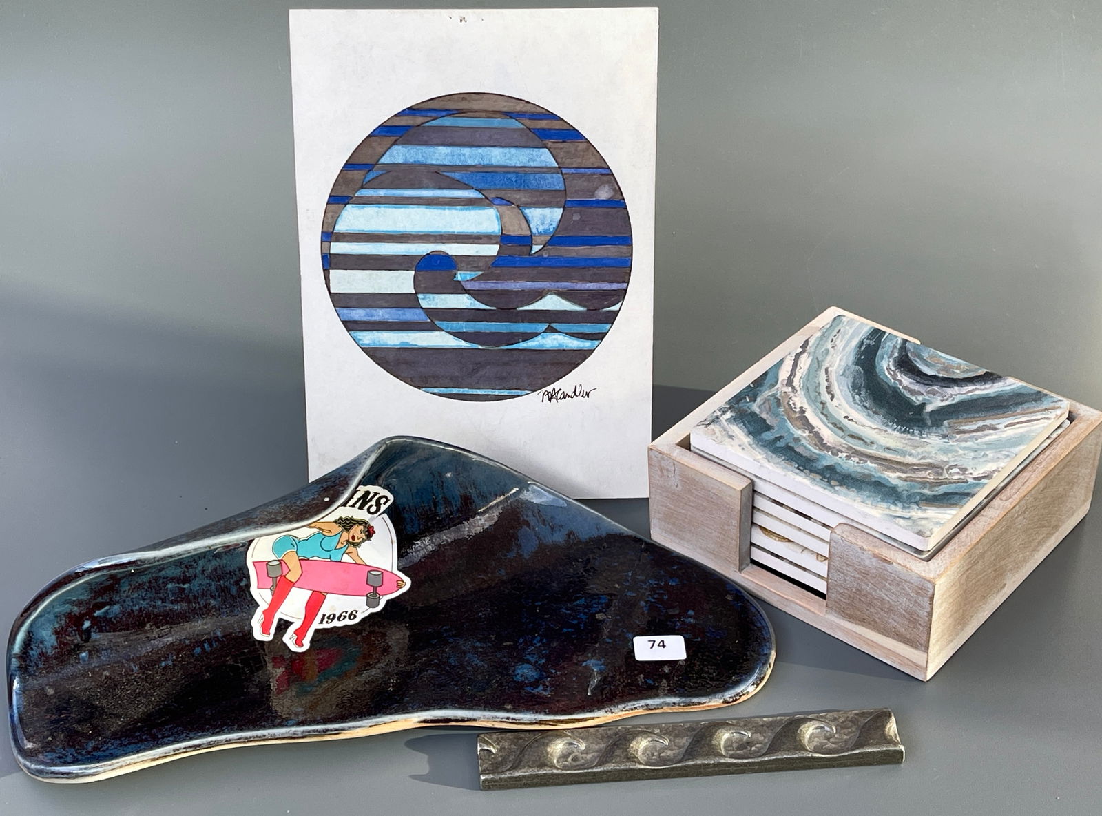 Ocean Surf Themed Signed Painting Set of Coasters Paperweight & Bottle Holder: Ocean Surf Themed Signed Painting Set of Coasters Paperweight & Bottle Holder