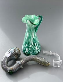 Blown Splatter Pitcher Vase and Art Glass Sherlock Fume Pipe