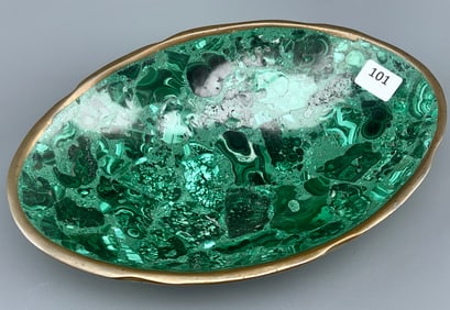 Vintage or Antique Possibly Russian Malachite Oval Dish with Brass Trim    Approximately 7 1/2 x 5