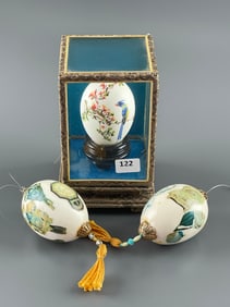 Hand Painted Egg Shells One is Damaged One in Display Case