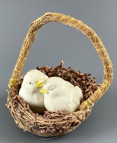 Bisque Porcelain Chicks in Basket Vintage Easter Ornament