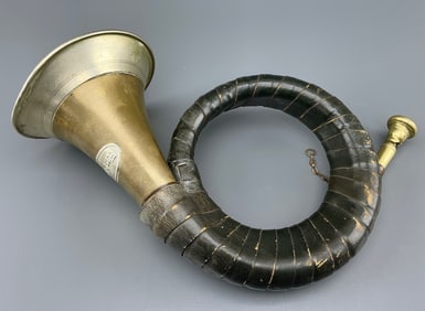 Vintage German Fürst Pless Brass Hunting Horn in Leather Wrap