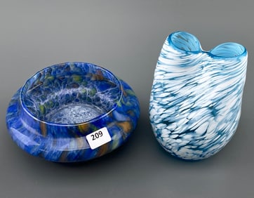 Italian Murano Art Glass Small Bowl & Blue and White Art Glass Vase