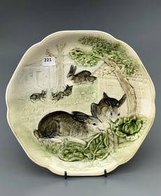 Antique French Majolica Choisy le Roi Bunny Plate Retailed by Higgins & Seiter New York