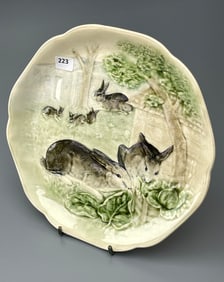 French Choisy Le Roi Majolica Plate Rabbit Bunny in Relief Higgins & Seiter Retailer Mark on the