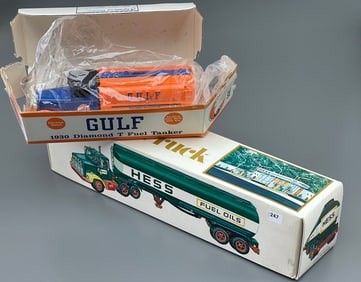 Vintage Boxed Hess Gasoline Toy Truck & ERTL Gulf 1930 Diamond T Fuel Tanker Money Coin Bank with