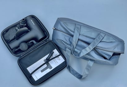 Elefor Deep Tissue Percussion Massager Gun together with Belt Massager in Bag as pictured