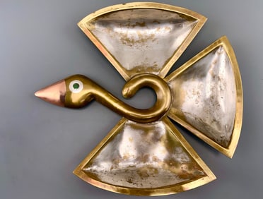 Los Castillo Taxco Mexico Modernist Bird Mid Century Abstract Mixed Metals Copper Tray Malachite Eye