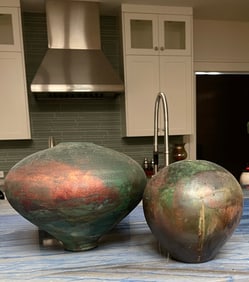 Modern Art Studio Pottery Signed Metallic Glaze Raku Black Clay Vases Lot of 2