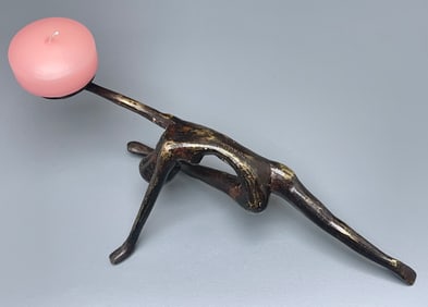 Bronze Nude Woman Gymnast Figural Candle Holder Mid Century Brutalist Design Patinated Figurine with
