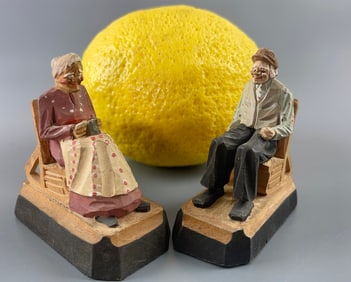 Leandre Dube Canadian Artist Primitive Breton Style Wood Carving Elderly Couple St.Jean Port Joli