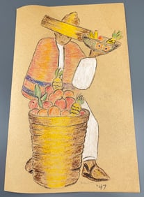 Vintage Dated 1947 Mexican Fruit Seller Unframed Drawing