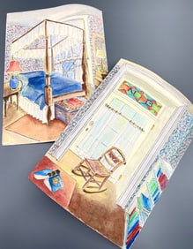 Primitive Vintage Interior Watercolor Paintings Set of 2 Unframed Works on Paper