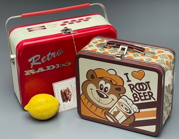 Pressed Tin Lunch Boxes Retro Radio Root Beer Lot of 2
