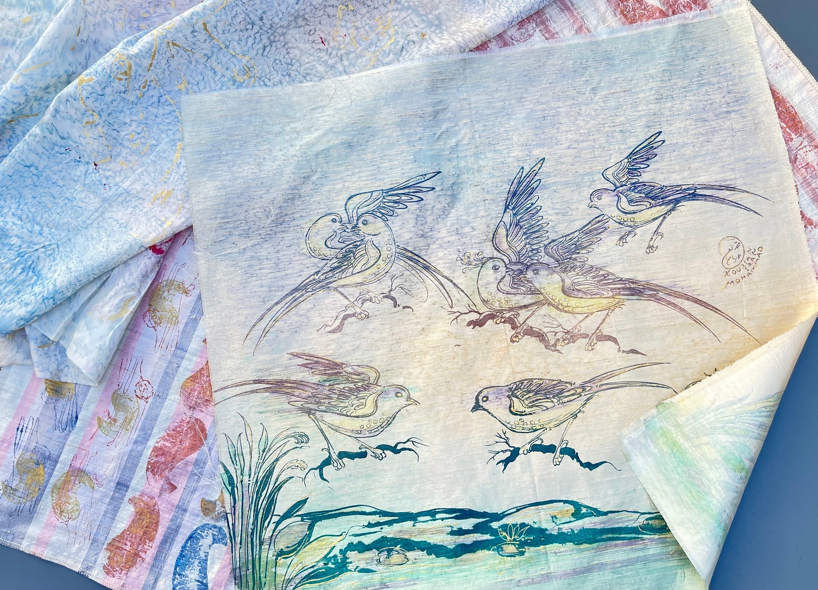 Mohammad Hourian American Iranian Artist Hand Painted Batik Textile 5 Silk Artwork Samplers Fabric: Mohammad Hourian American Iranian Artist Hand Painted Batik Textile 5 Silk Artwork Samplers Fabric Design Prototype from San Francisco Artist?s Studio Measures approximately two textiles about 26 x 23