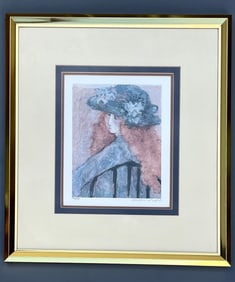 American Modernist Barbara A. Wood Limited Edition Signed and Numbered Portrait Pensive Woman Matted