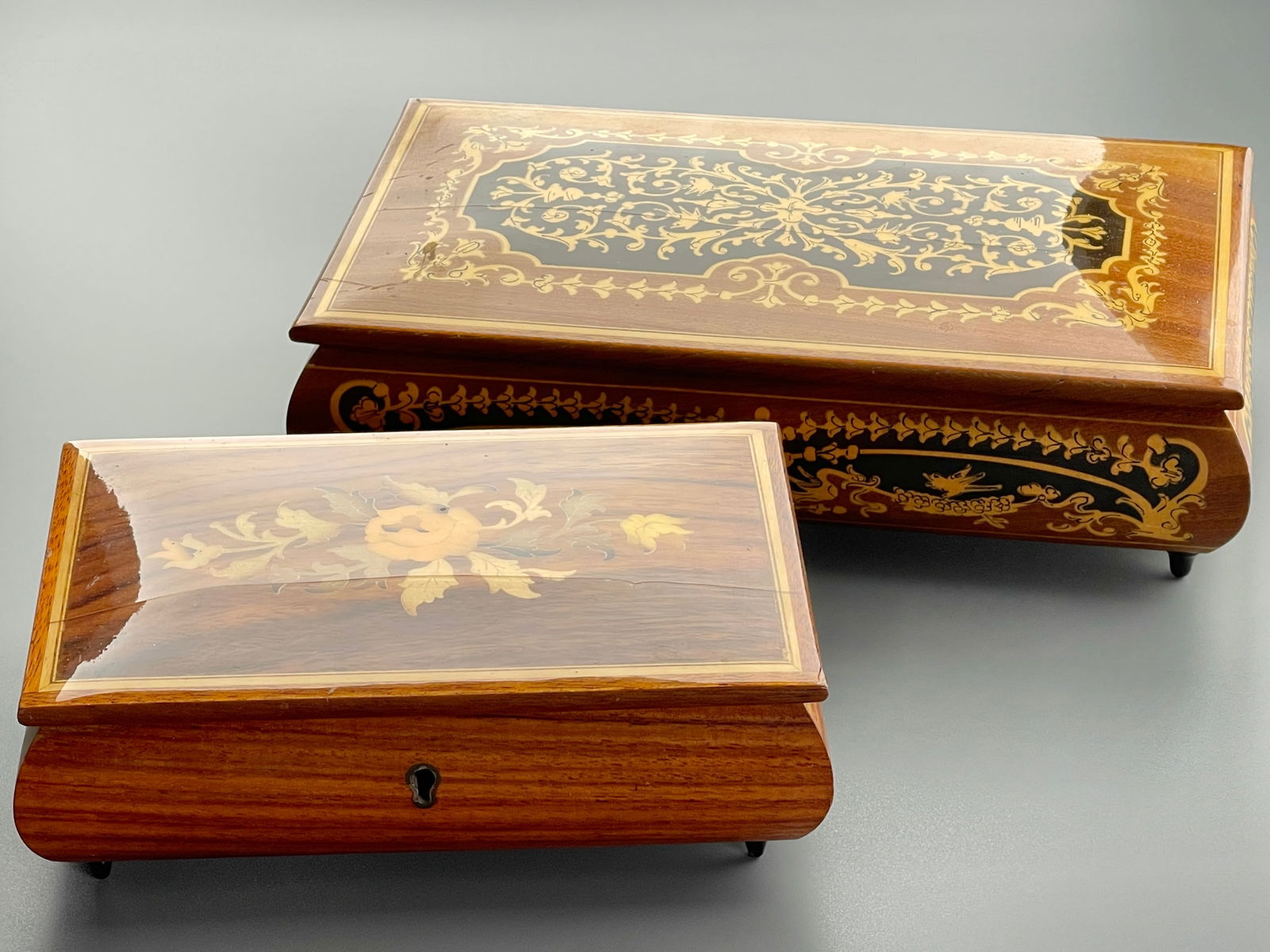 Lot of 2 Italian Marquetry Inlay Music Jewelry Boxes Swiss Reuge Movement (1 of 8)