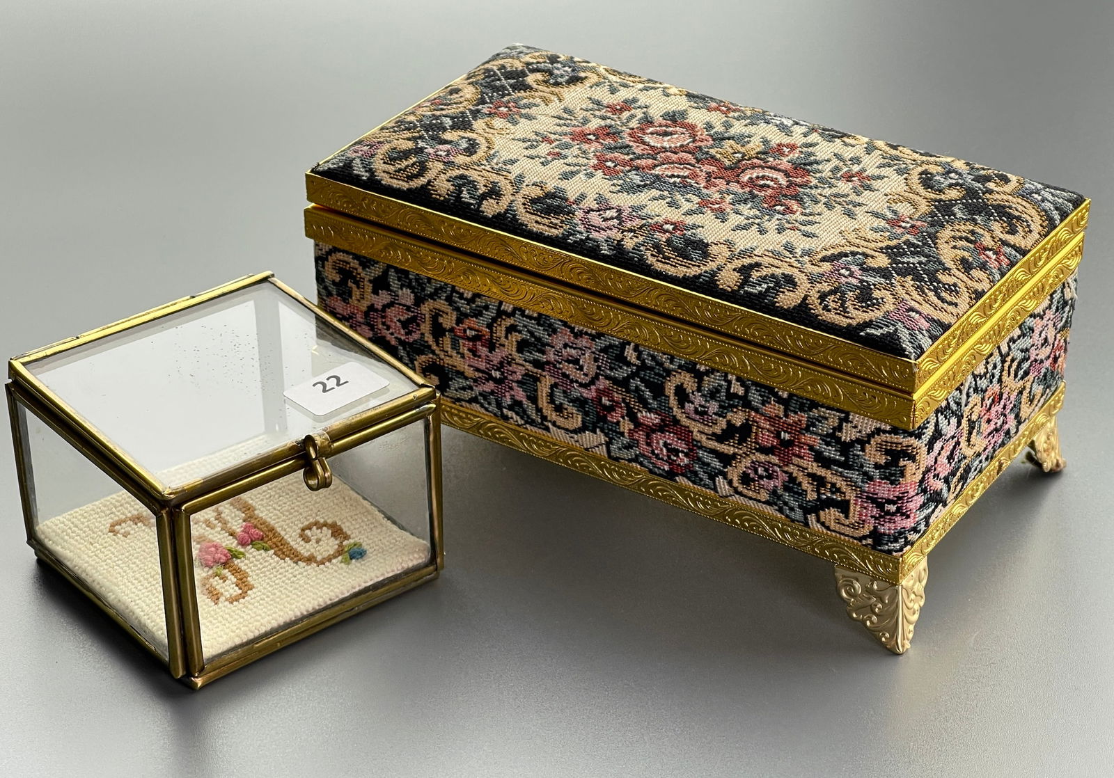 Tapestry Music Jewelry Box together with Needlepoint Clear Glass Small Box: Tapestry Music Jewelry Box together with Needlepoint Clear Glass Small Box The tapestry box without the raised feet measures approximately 6 x 3 1/4 x 2 1/4 inches and the glass box measures approxima