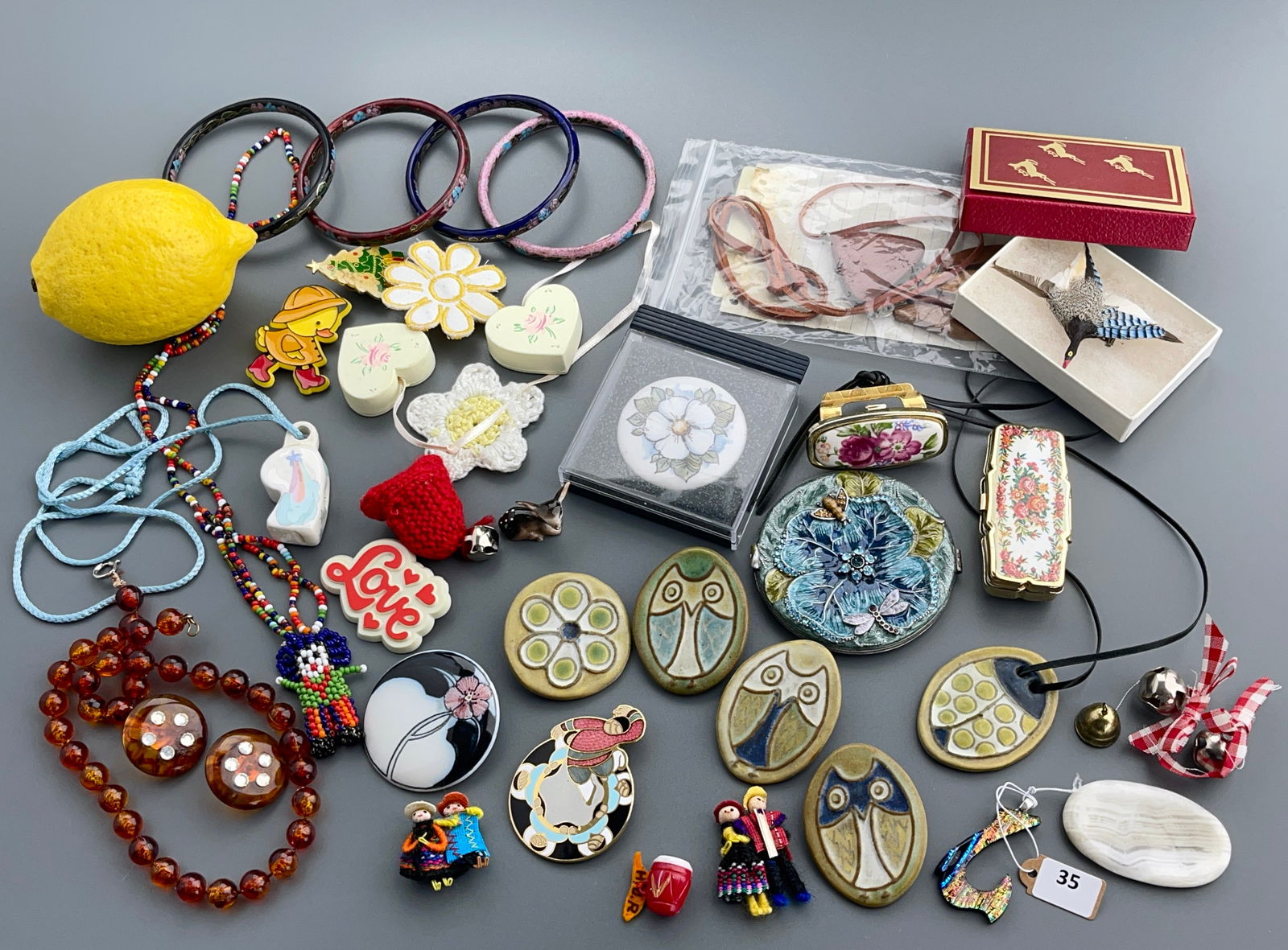 Collection of Vintage Mid Century Folk Art Pendants, Owl Pins, Ceramic Brooches, Porcelain, Enamel (1 of 8)