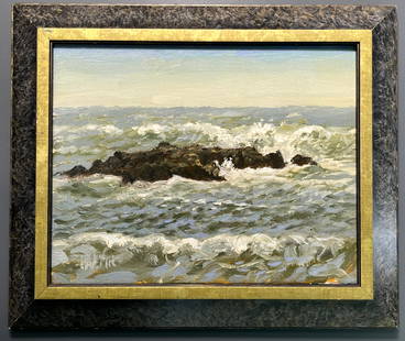 Seascape Mid Century Oil on Canvas Painting Signed Illegibly Framed: Seascape Mid Century Oil on Canvas Painting Signed Illegibly Framed Site approximately 8 x 10 inches, 10 5/8 x 12 5/8 inches framed.