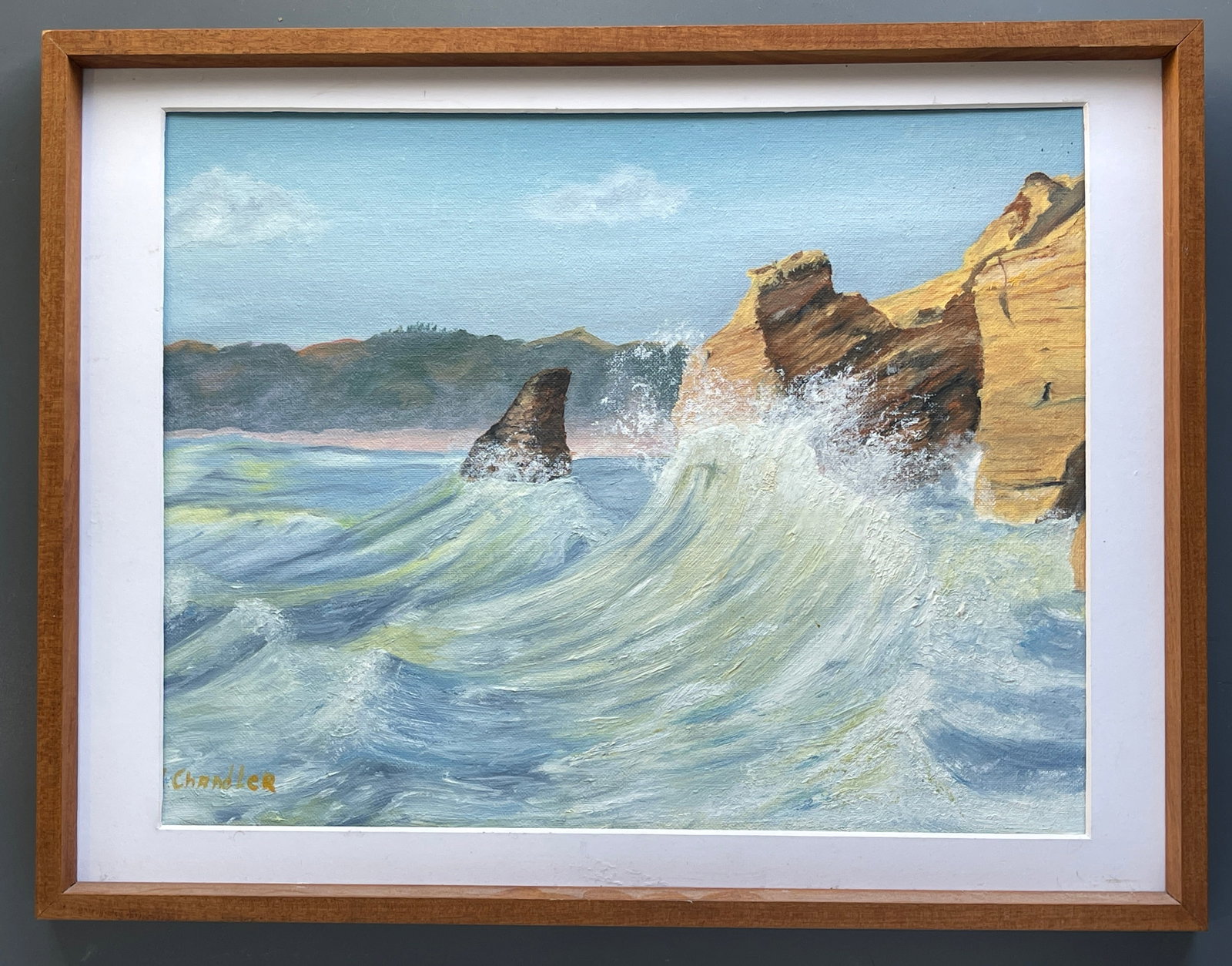 Mid Century Art Ocean Waves Seascape Painting on Artist Board Signed A.Chandler Framed (1 of 4)