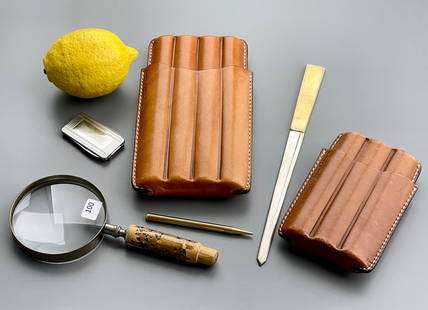 Leather Cigar Cases Mechanical Pencil Magnifying Glass etc. Assembled Lot as pictured.: Leather Cigar Cases Mechanical Pencil Magnifying Glass etc. Assembled Lot as pictured. The cigar holders measured approximately 6 3/4 x 4 and 4 5/8 x 3 1/4 inches.