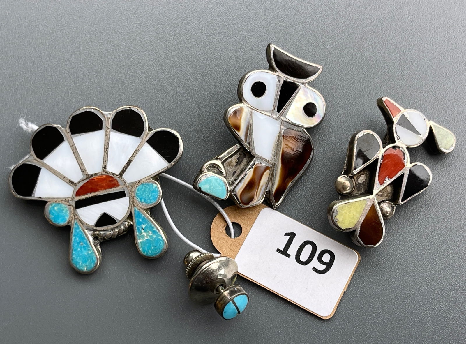 Zuni Sunface Owl Eagle Sterling Silver Native American Stone Mother of Pearl Inlaid Pin Brooches Lot (1 of 4)