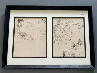 Marcel Vertes 1895-1961 Hungarian - French Artist Untitled Etchings Lowers Pan Playing Flute Mid: Marcel Vertes 1895-1961 Hungarian - French Artist Untitled Etchings Lowers Pan Playing Flute Mid 20th Century c 1954 Framed Duo Approximately 15 3/8 x 21 3/8 inches framed, the visible area of each et